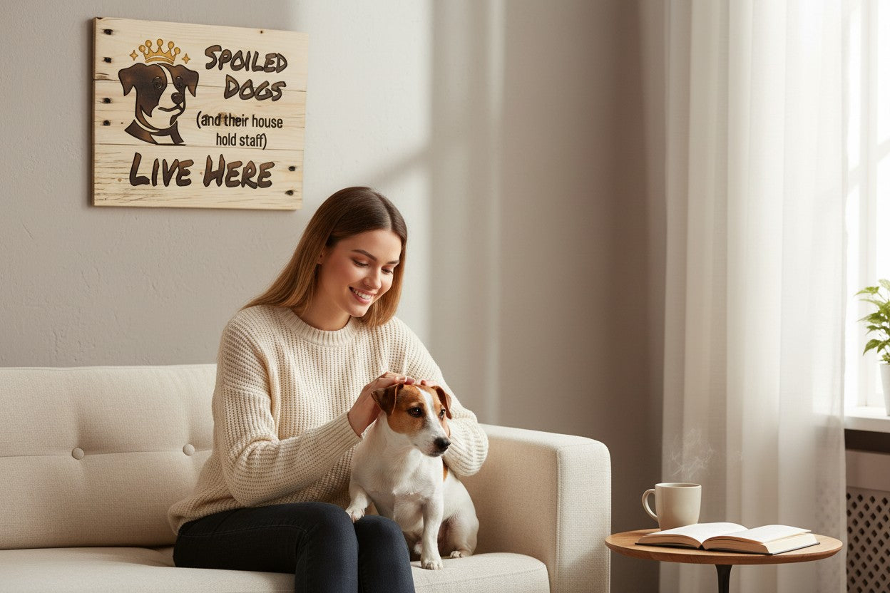TK Wood Designs wooden sign with a dog wearing a crown and the text "SPOILED DOGS (and their house hold staff) LIVE HERE".
