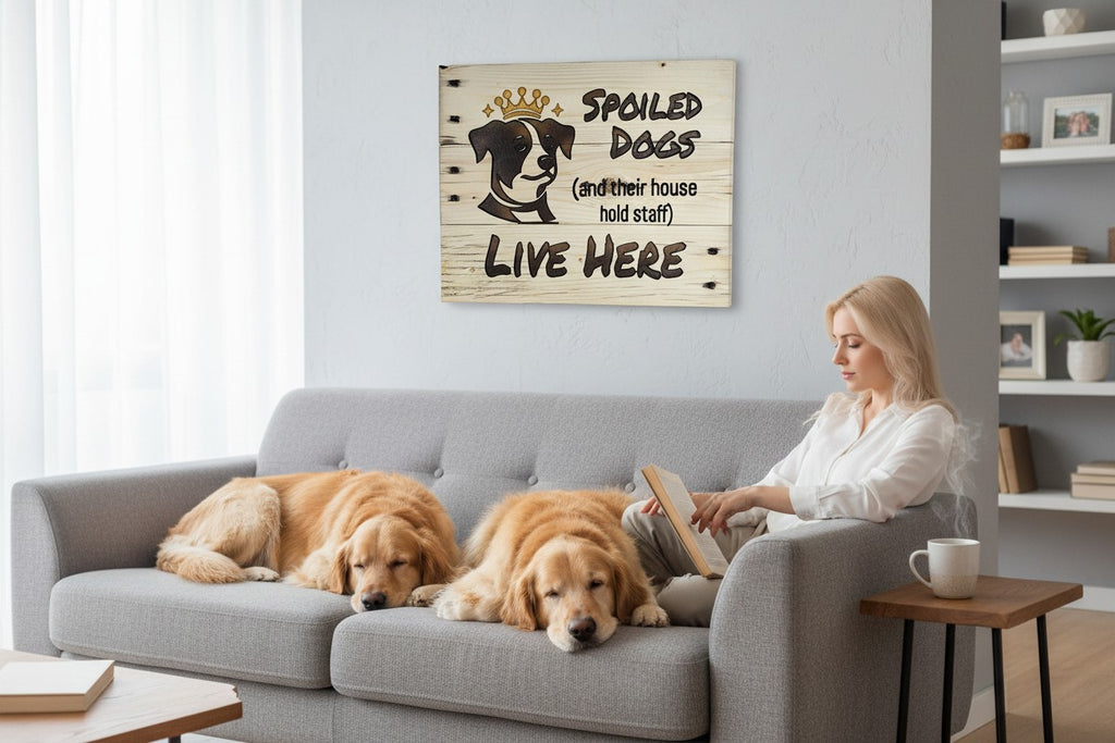 TK Wood Designs wooden sign with a dog wearing a crown, reading "Spoiled Dogs (and their house hold staff) LIVE HERE".
