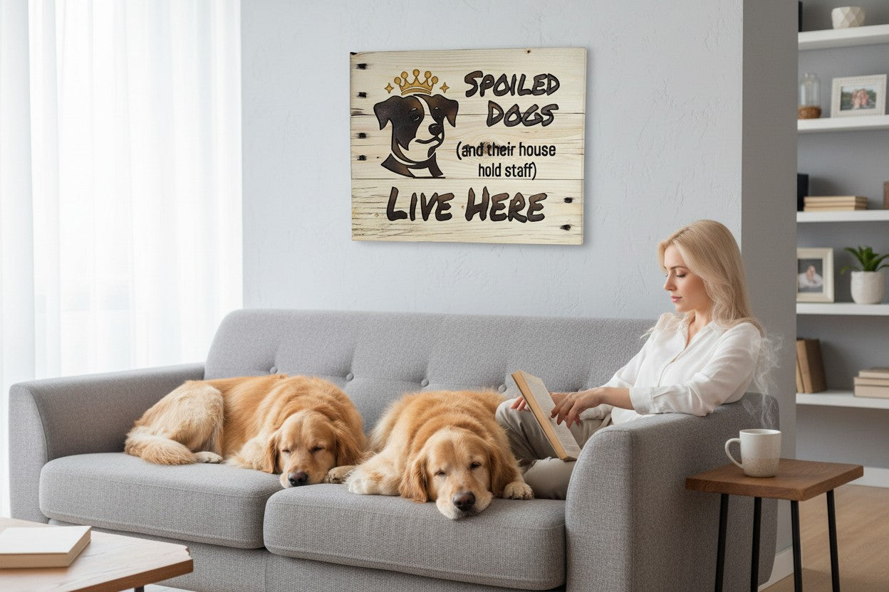 TK Wood Designs wooden sign with a dog wearing a crown, reading "Spoiled Dogs (and their house hold staff) LIVE HERE".