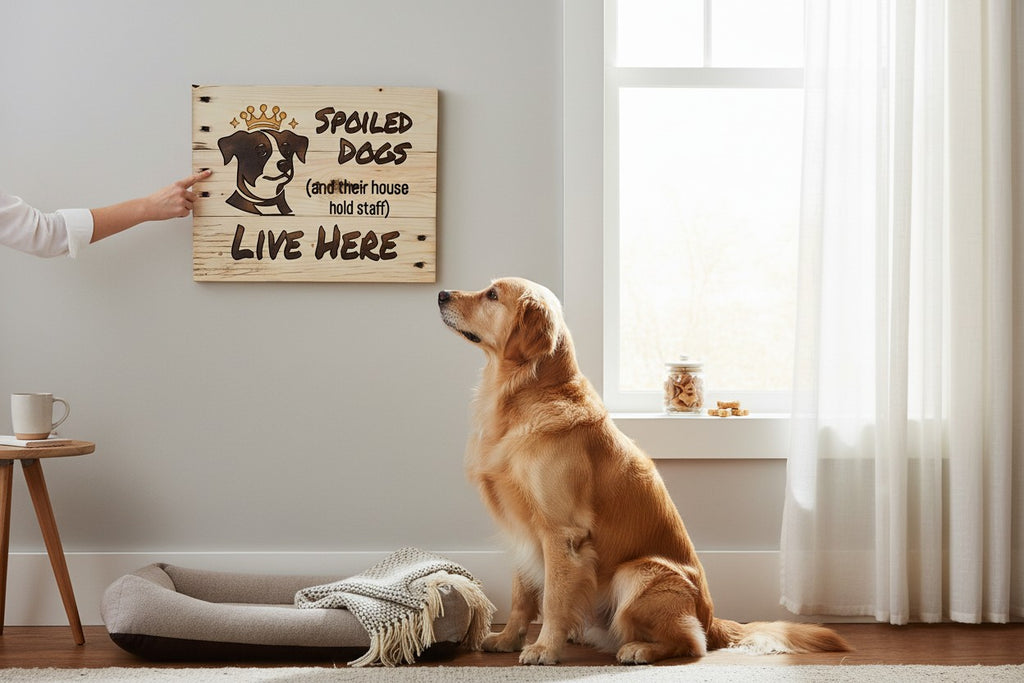 TK Wood Designs natural wood sign with a dog wearing a crown, reading "Spoiled Dogs Live Here"