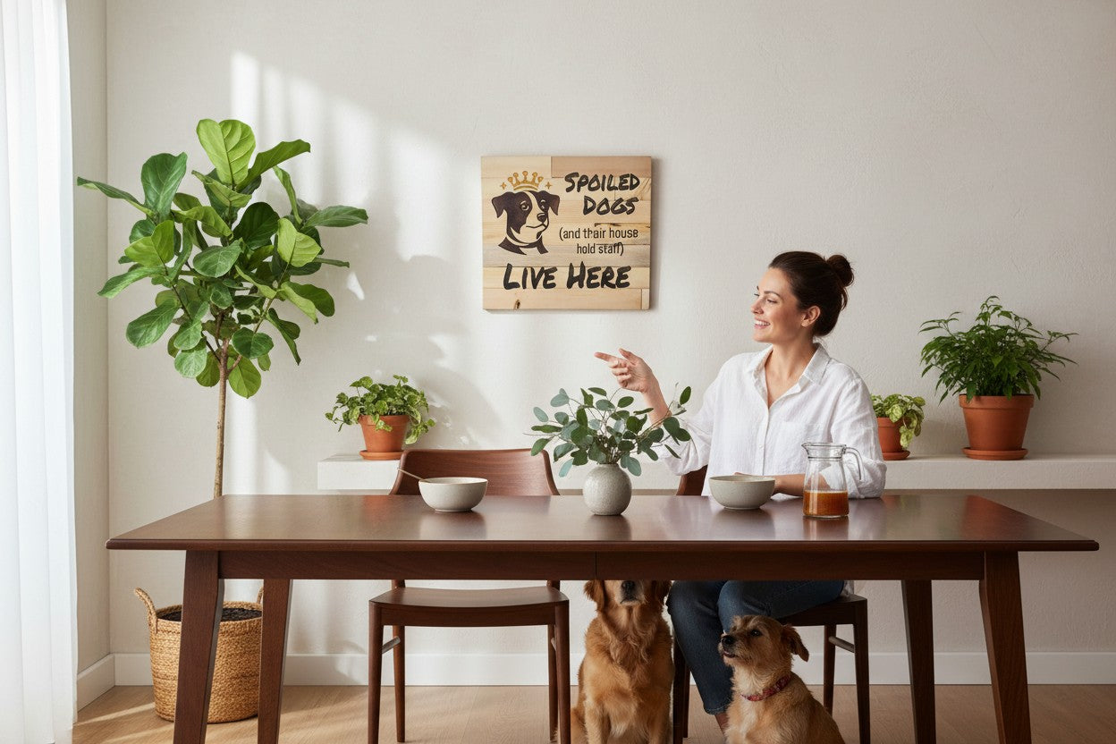 TK Wood Designs Spoiled Dogs sign: a dog wearing a crown with text 'SPOILED DOGS (and their house hold staff) LIVE HERE'. Made from salvaged wood.