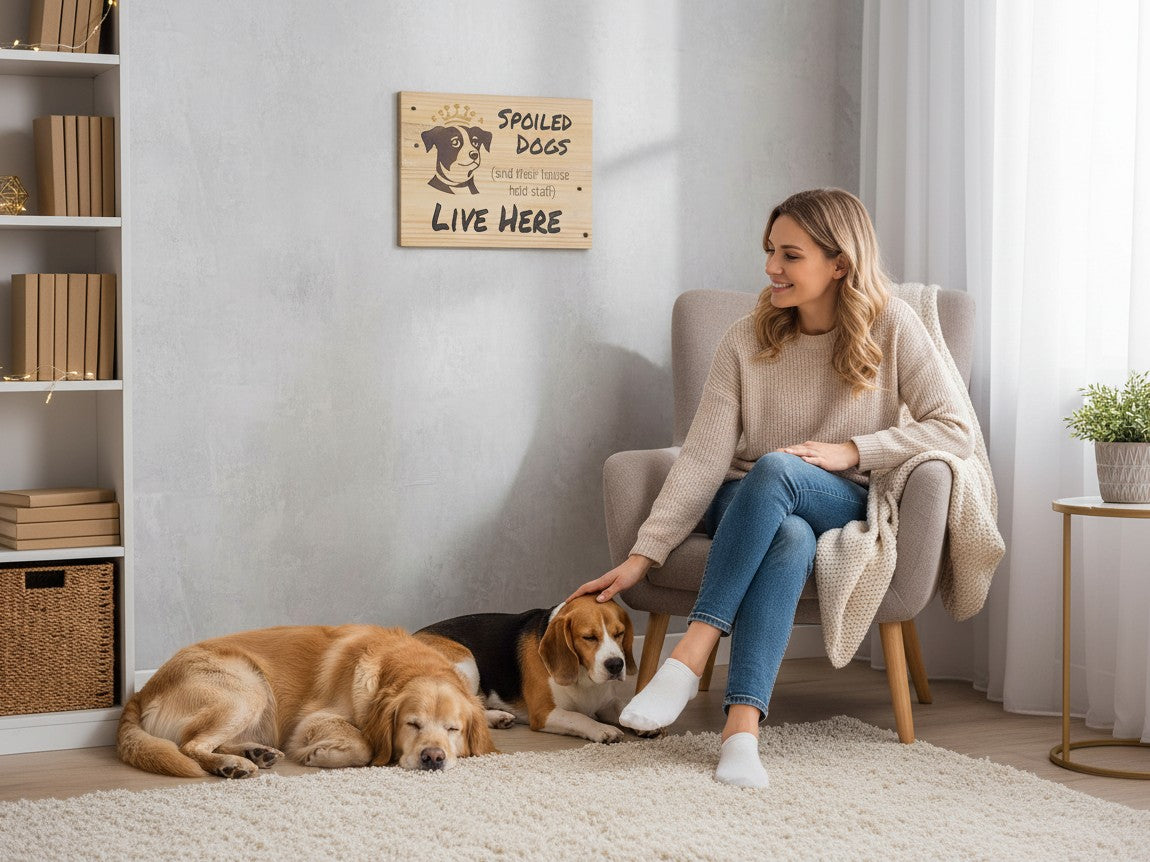 TK Wood Designs wooden wall sign reading Spoiled Dogs Live Here hanging above a woman petting two dogs in a living room