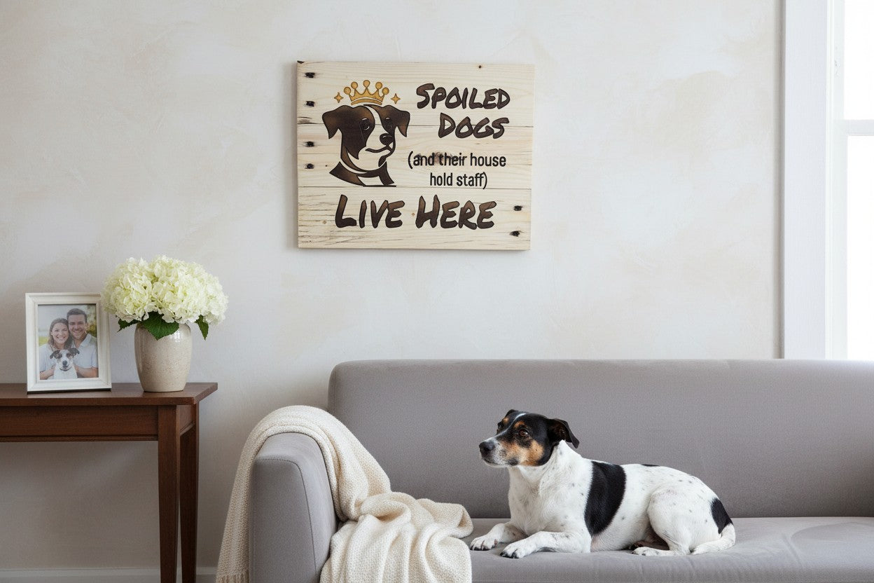 TK Wood Designs natural wood sign with a dog wearing a crown and the text "Spoiled Dogs Live Here"