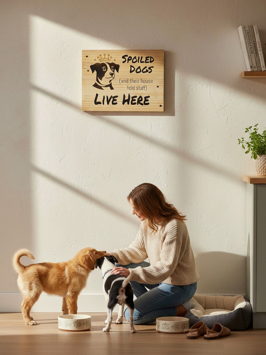 TK Wood Designs rustic wooden wall sign reading Spoiled Dogs Live Here above a woman petting two dogs in a home.