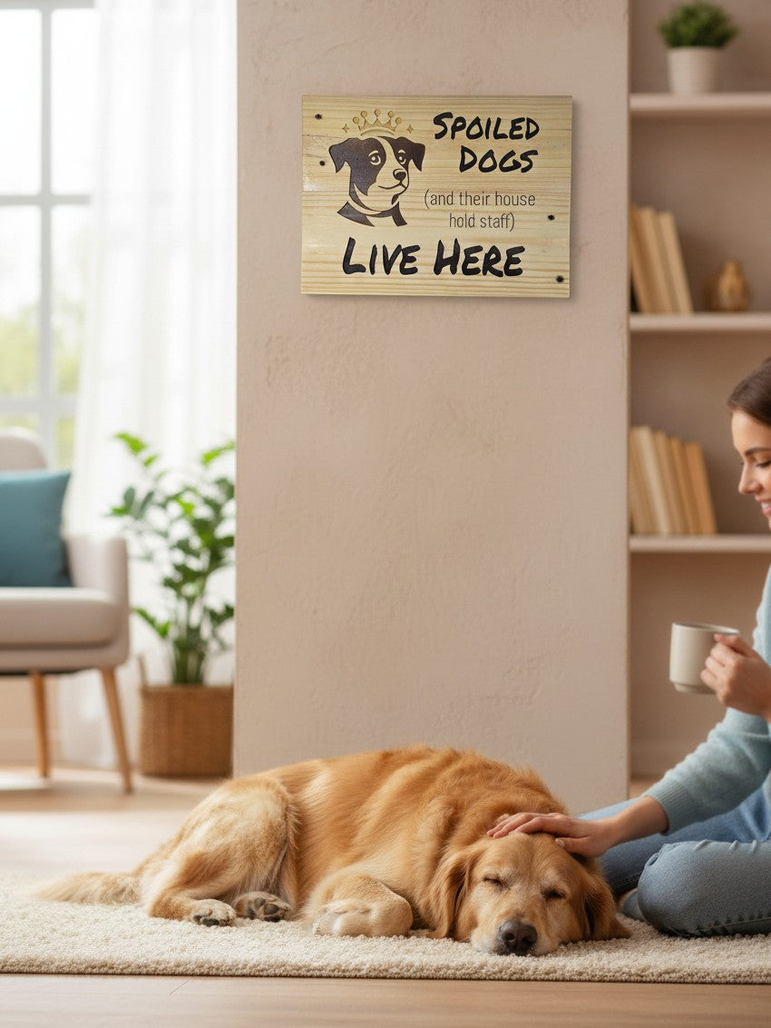 TK Wood Designs rustic wooden wall sign reading Spoiled Dogs Live Here with a crowned dog illustration in a home