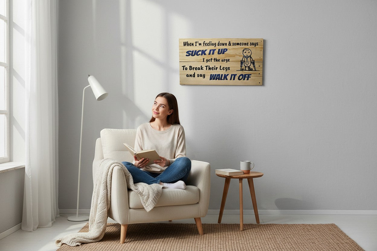 TK Wood Designs wood sign with blue lettering saying "Suck It Up Walk It Off" and a drawing of a person on crutches.