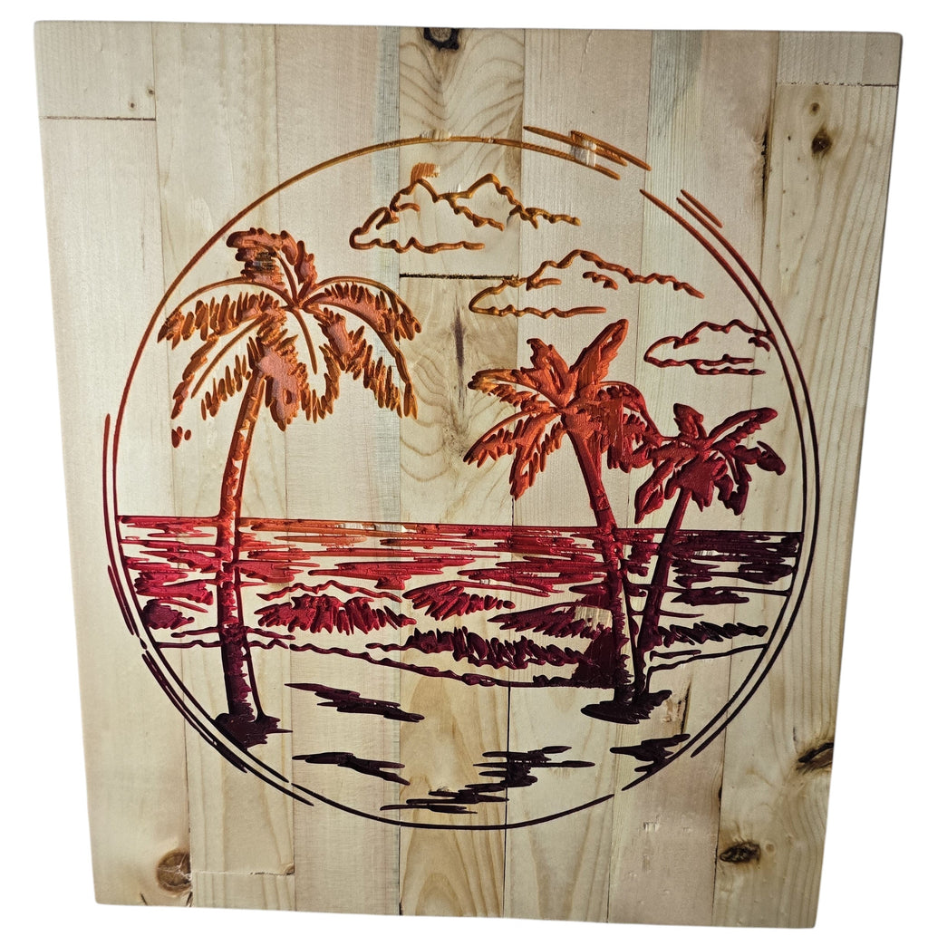 TK Wood Designs carved wood art of a sunset beach scene with palm trees and ocean waves.