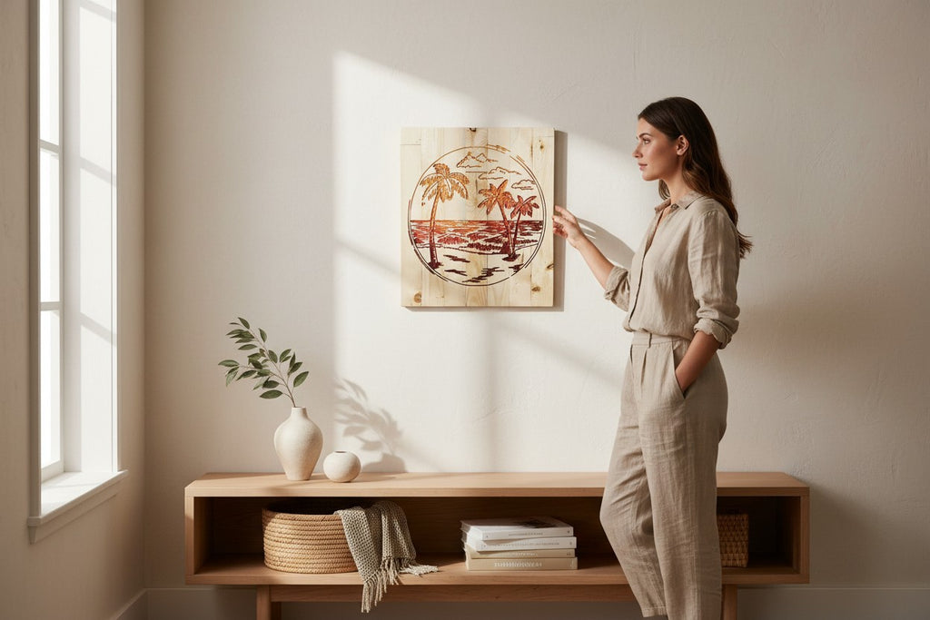 TK Wood Designs wooden wall art featuring a sunset beach scene with palm trees and clouds carved into wood.