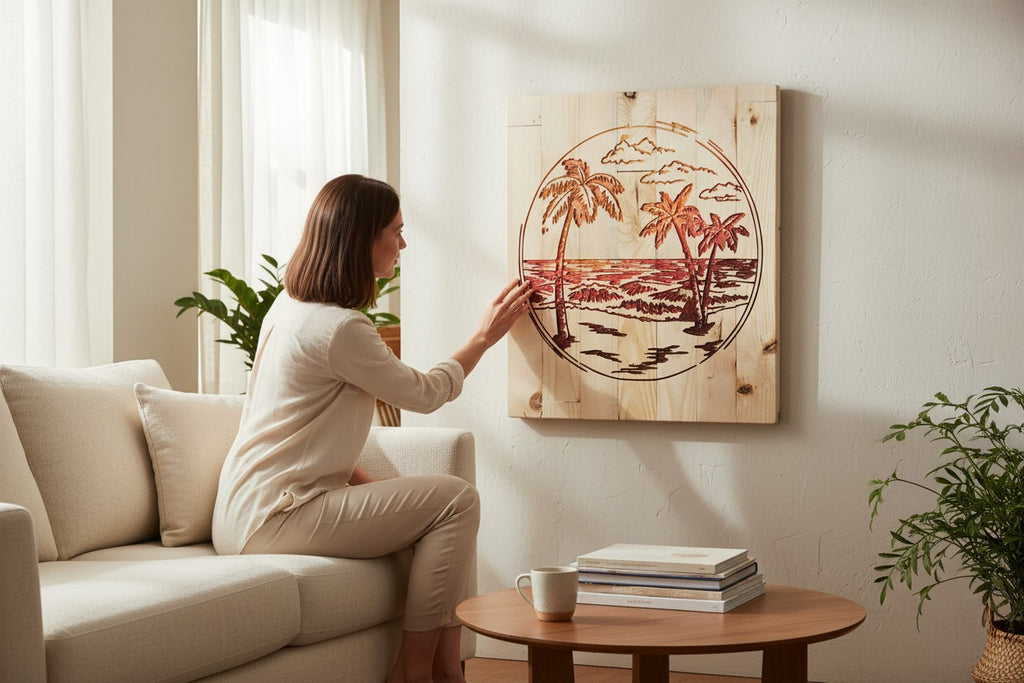 TK Wood Designs wooden wall art featuring a sunset beach scene with palm trees and clouds carved and painted in warm red and orange tones.