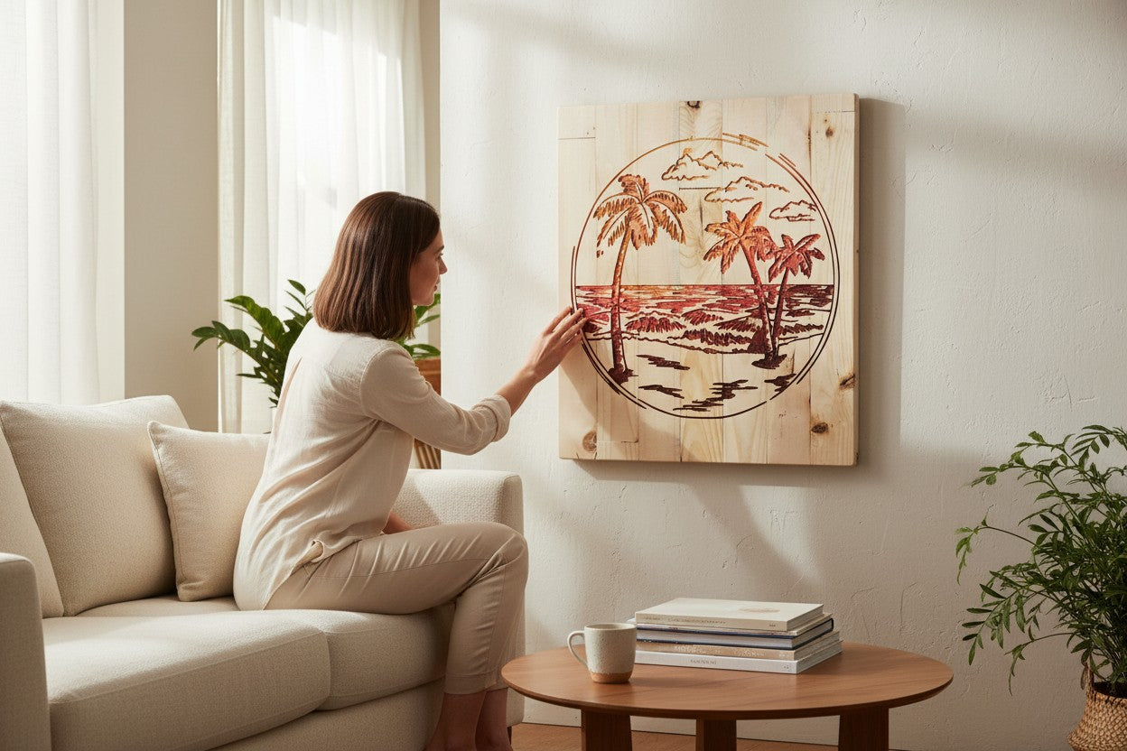 TK Wood Designs wooden wall art featuring a sunset beach scene with palm trees and clouds carved and painted in warm red and orange tones.