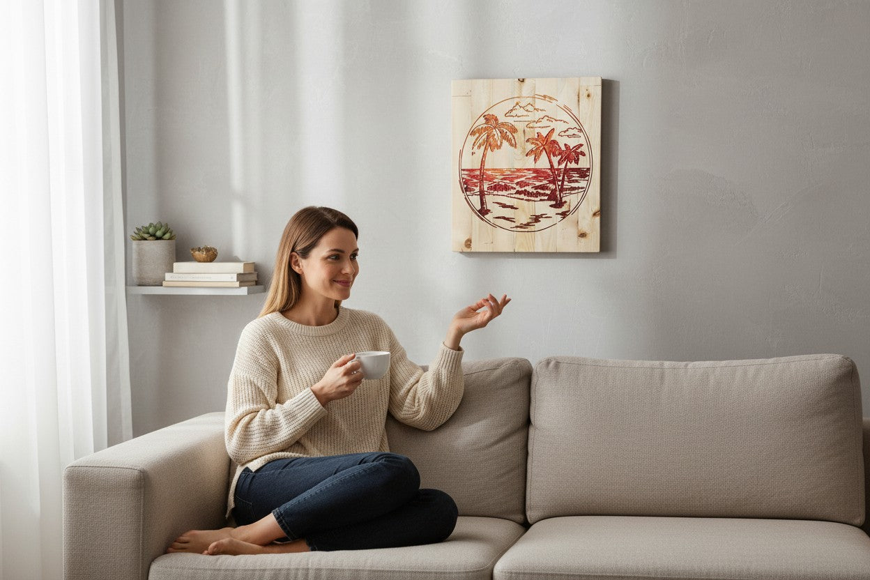 TK Wood Designs wooden wall art featuring a sunset beach scene with palm trees and clouds carved into natural wood.