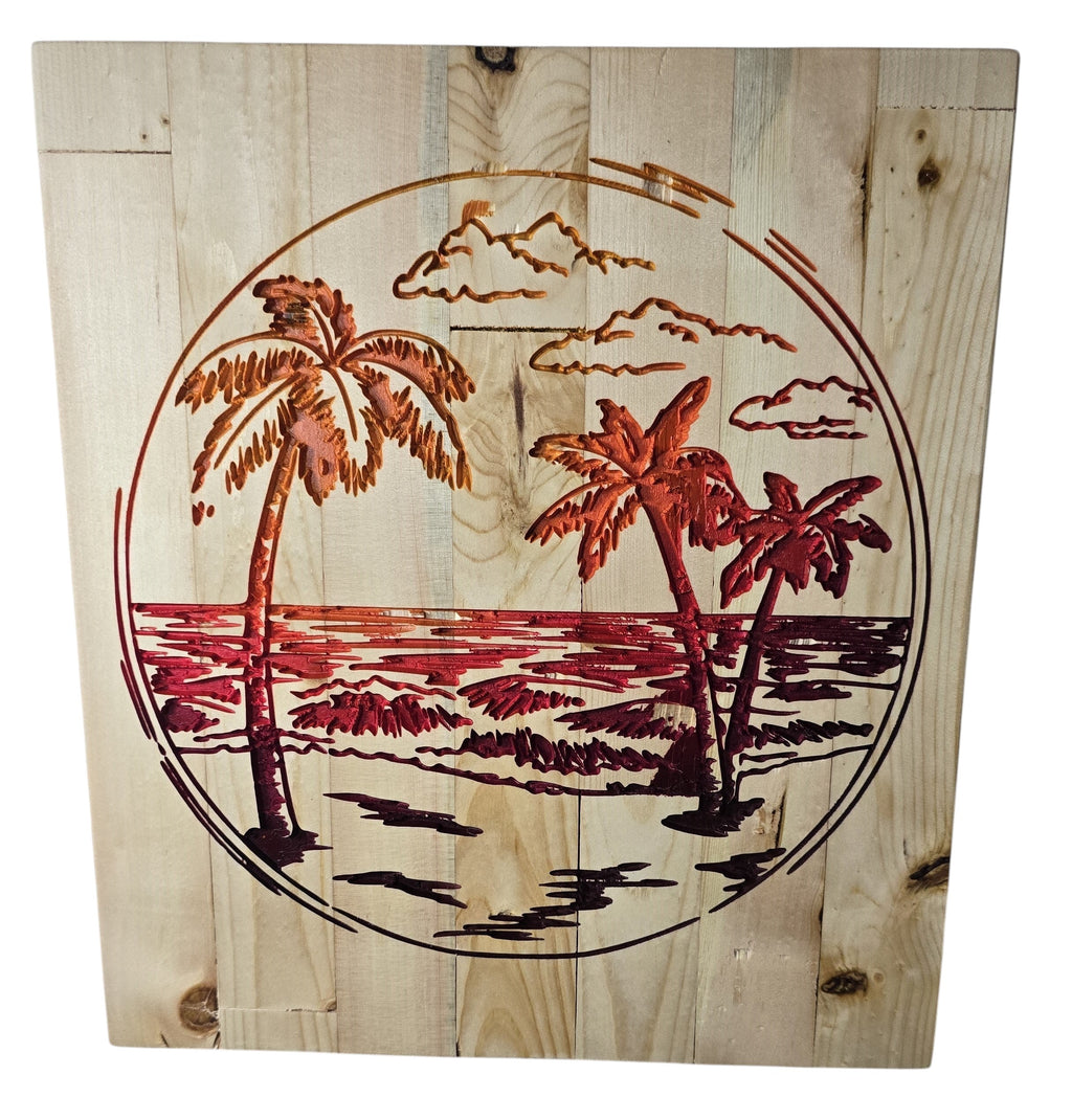 TK Wood Designs wood carving of a sunset beach scene with palm trees and clouds, featuring red and orange tones.