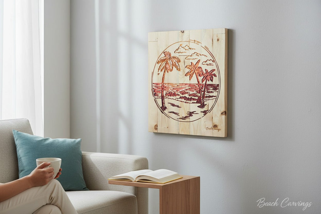 TK Wood Designs wood carving of a sunset beach scene with palm trees and clouds, featuring red and orange hues.