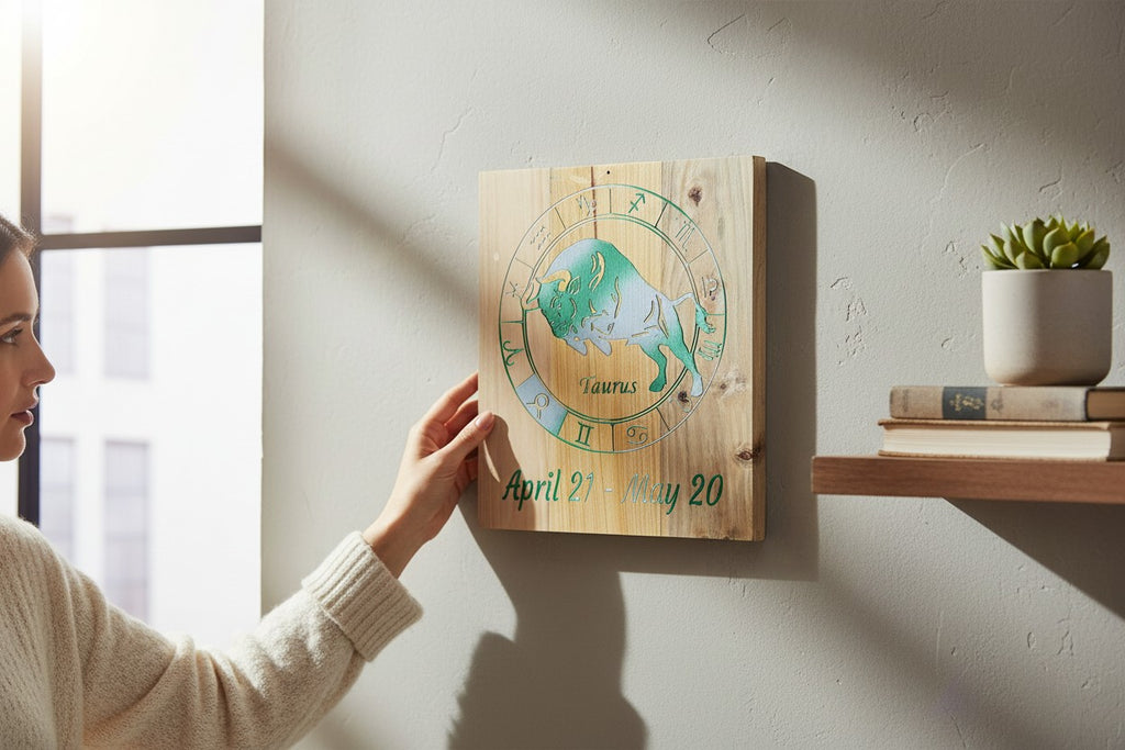 TK Wood Designs handcrafted wooden Taurus zodiac wall art with bull engraving and dates on a light grey wall.