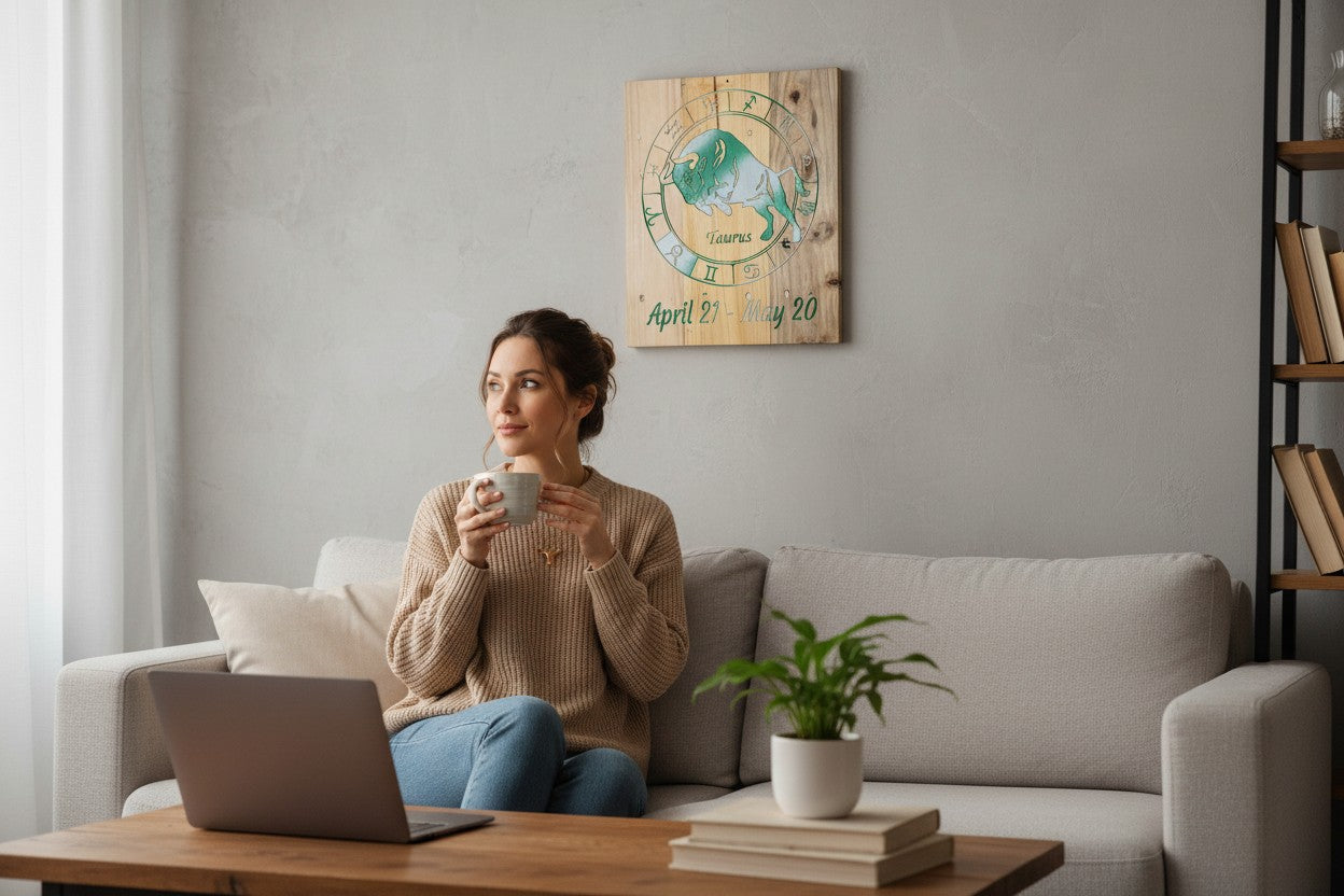 TK Wood Designs handcrafted wooden Taurus zodiac wall art hanging above a woman sitting on a sofa with a coffee mug.