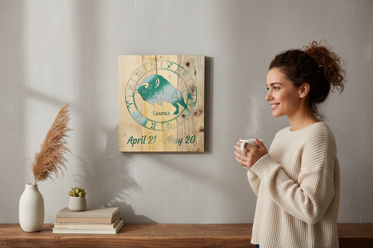TK Wood Designs Taurus zodiac wall art featuring a bull carving on natural wood hanging in a cozy living room.