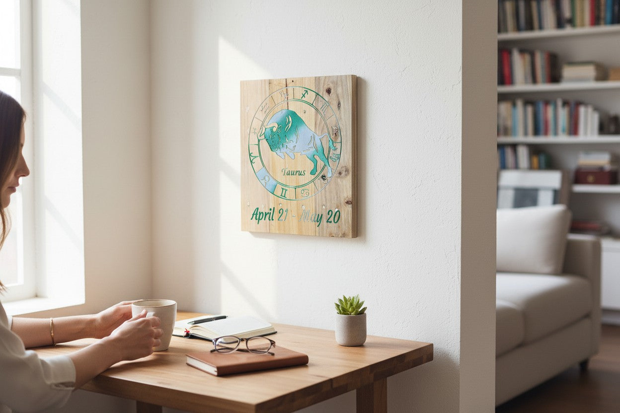 TK Wood Designs Taurus zodiac sign wall art featuring a bull illustration on natural wood hanging in a home office.