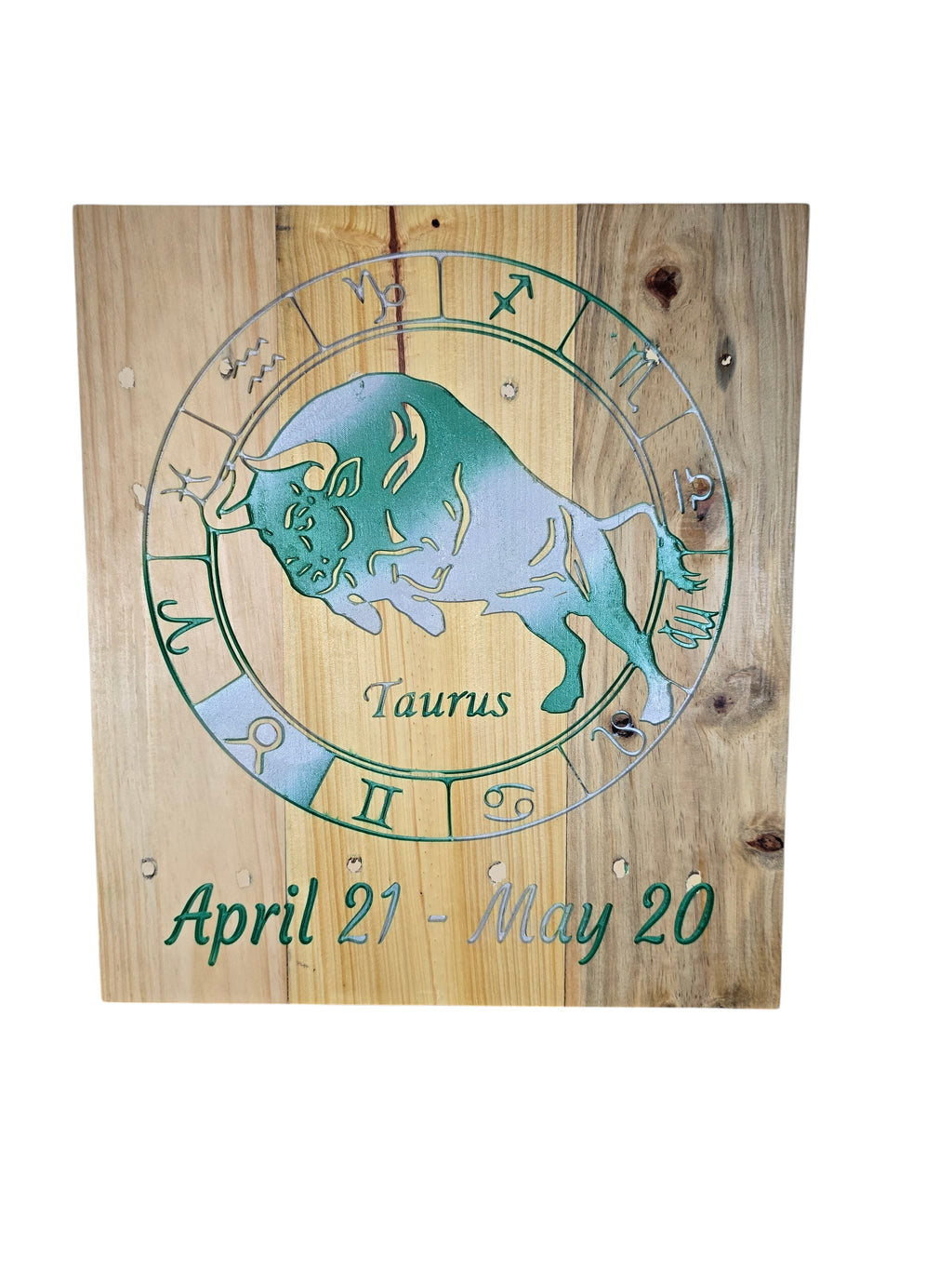 TK Wood Designs handcrafted wooden wall art featuring a Taurus bull and zodiac wheel with April 21-May 20 dates.
