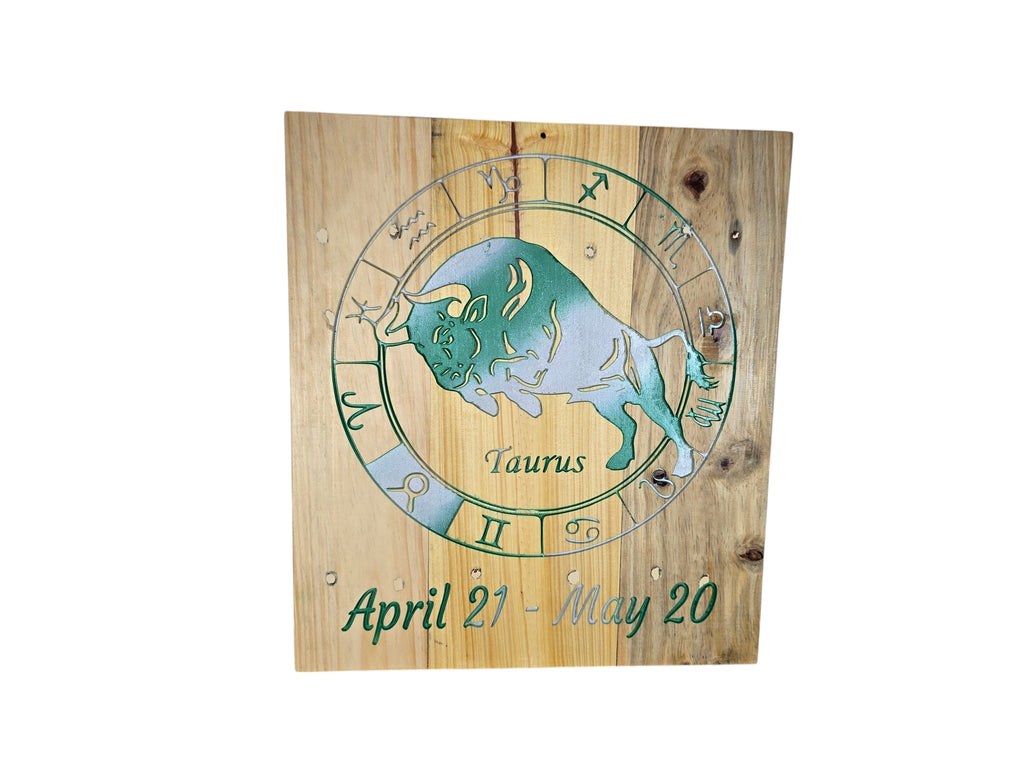 TK Wood Designs handcrafted wooden wall art featuring a green Taurus bull zodiac sign and dates on natural wood grain.