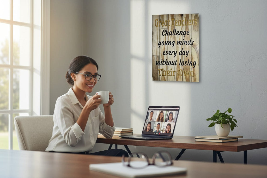 TK Wood Designs natural wood wall art with quote "Great Teachers Challenge young minds every day without losing Their Own" in black and gold lettering.