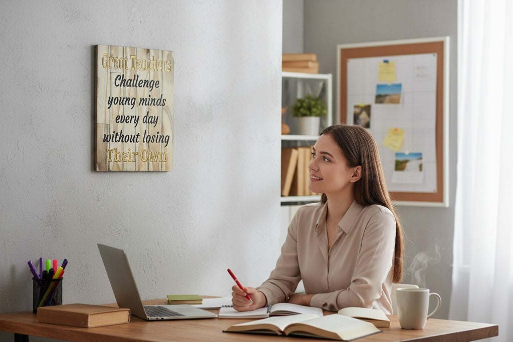 TK Wood Designs inspirational wood wall art for teachers with quote "Great Teachers Challenge young minds every day without losing Their Own."