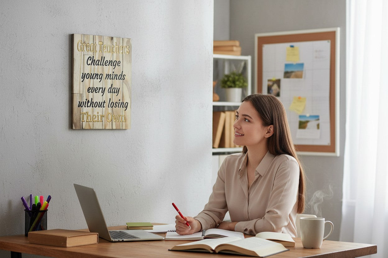 TK Wood Designs inspirational wood wall art for teachers with quote "Great Teachers Challenge young minds every day without losing Their Own."