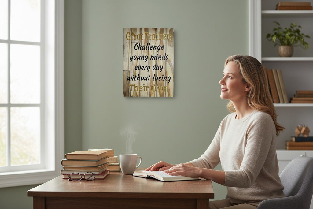 TK Wood Designs inspirational wood wall art for teachers with quote "Great Teachers Challenge young minds every day without losing Their Own."