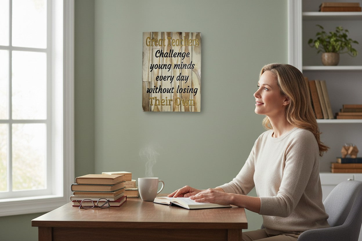 TK Wood Designs inspirational wood wall art for teachers with quote "Great Teachers Challenge young minds every day without losing Their Own."