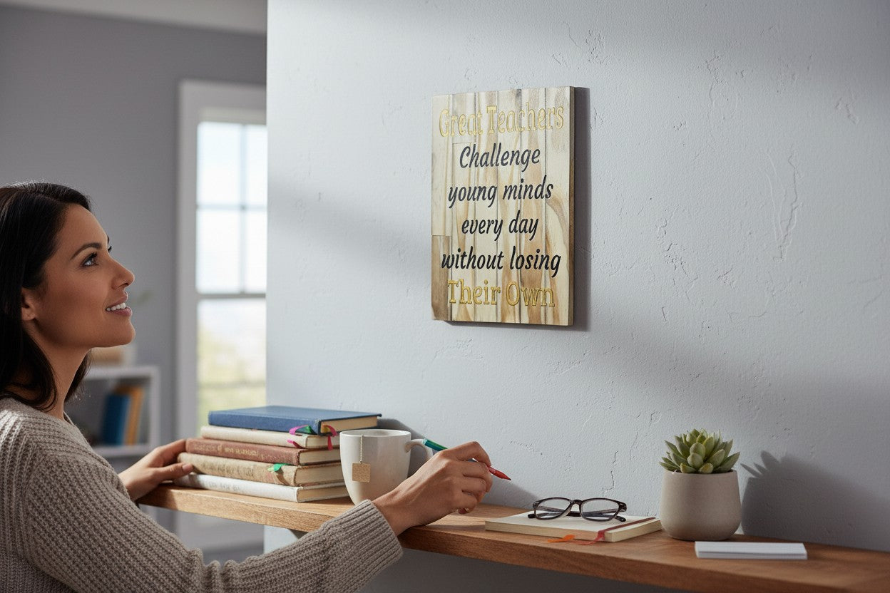 TK Wood Designs wooden sign with quote "Great Teachers Challenge young minds every day without losing Their Own".