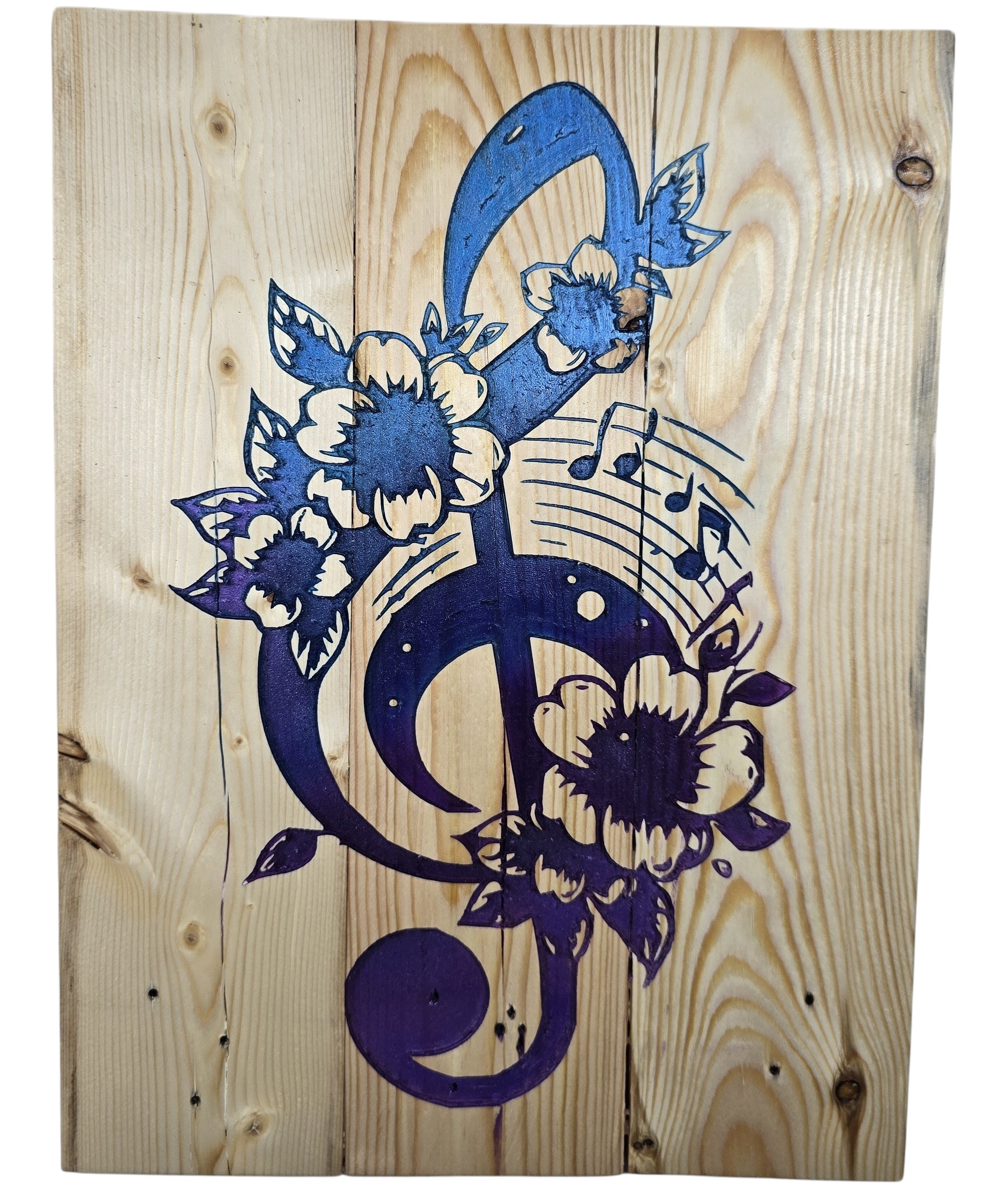 TK Wood Designs blue and purple treble clef with floral and musical notes wood wall art.