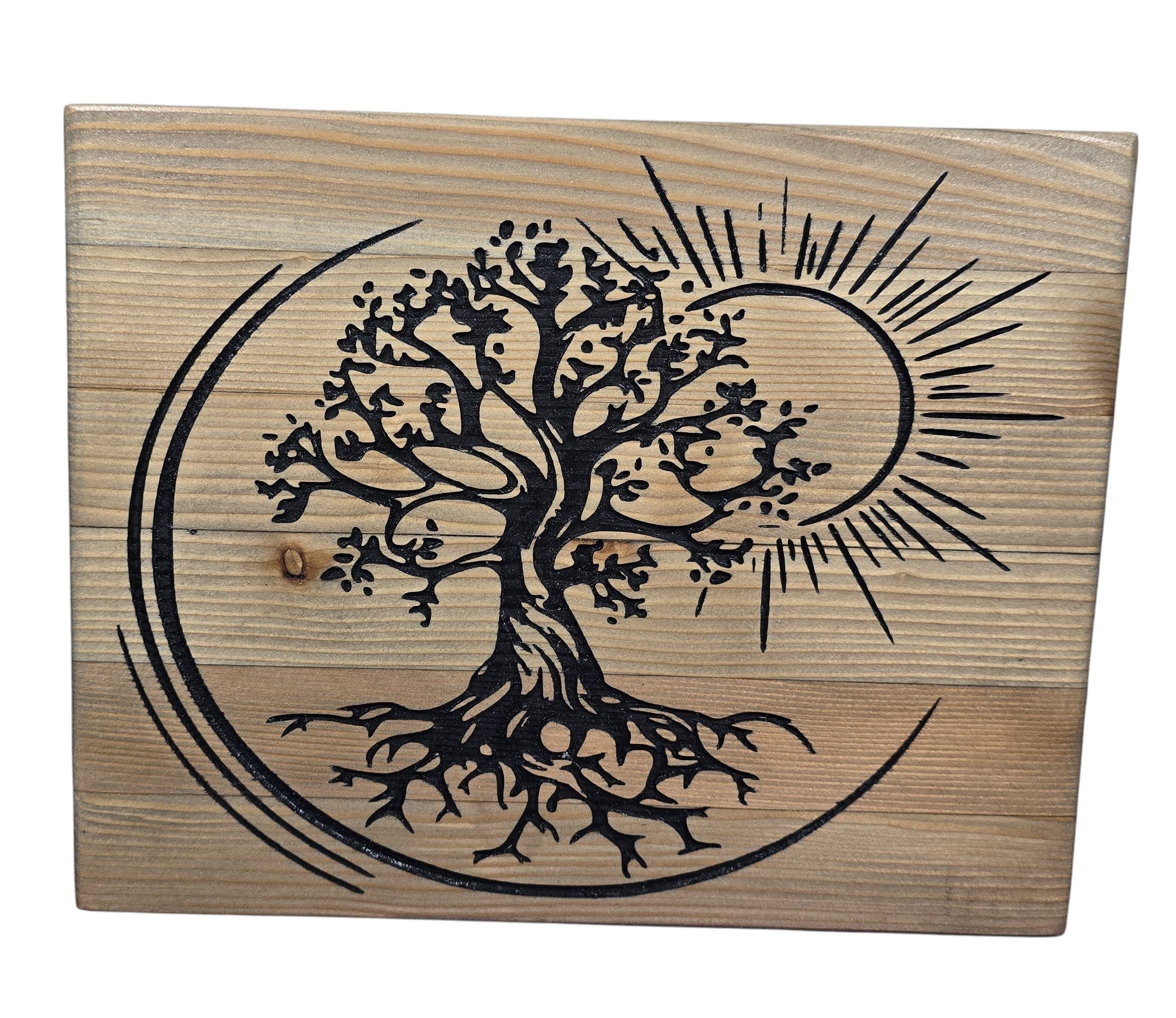 TK Wood Designs handcrafted reclaimed wood sculpture of a black Tree of Life with roots and a sun motif.