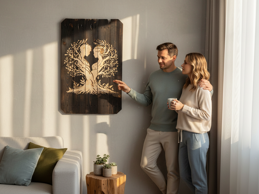 TK Wood Designs handcrafted Tree of Life wall art featuring a couple silhouette on reclaimed wood in a living room.