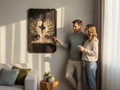 TK Wood Designs handcrafted Tree of Life wall art featuring a couple silhouette on reclaimed wood in a living room.