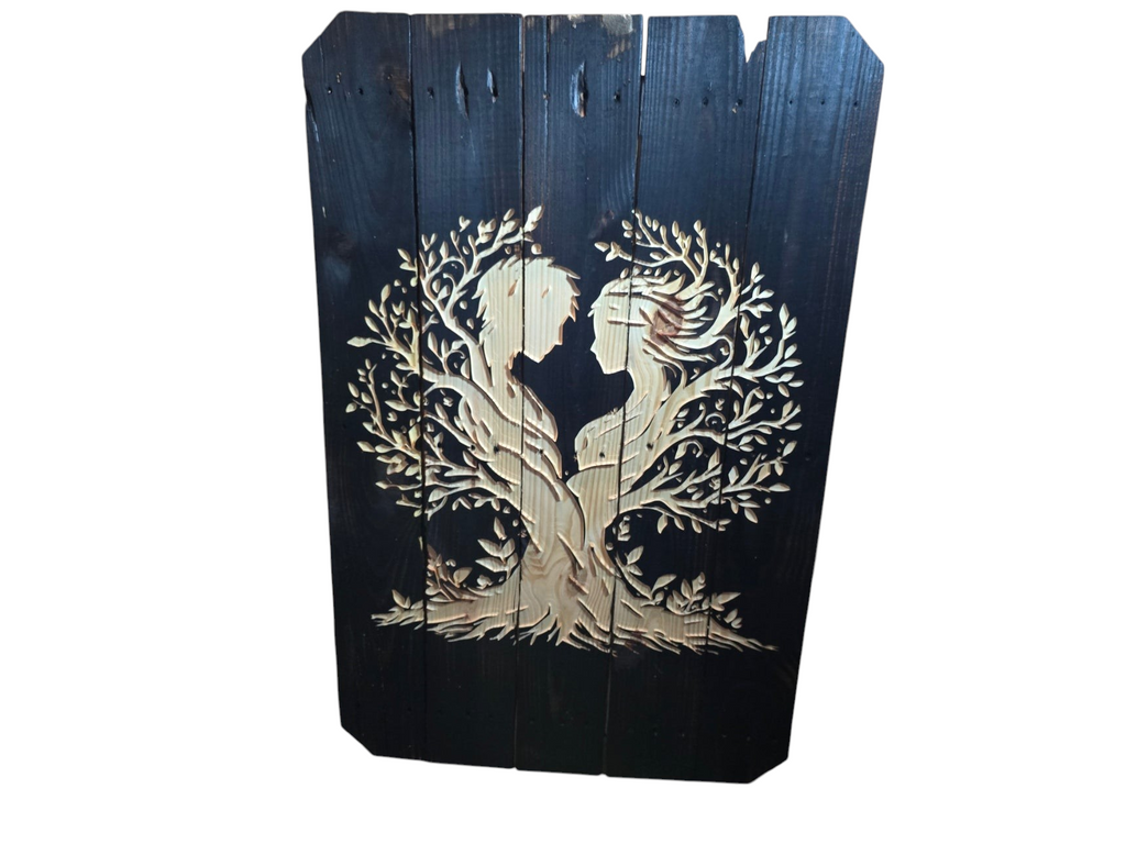 TK Wood Designs handcrafted reclaimed wood wall art featuring a black tree of life silhouette with a couple in love.