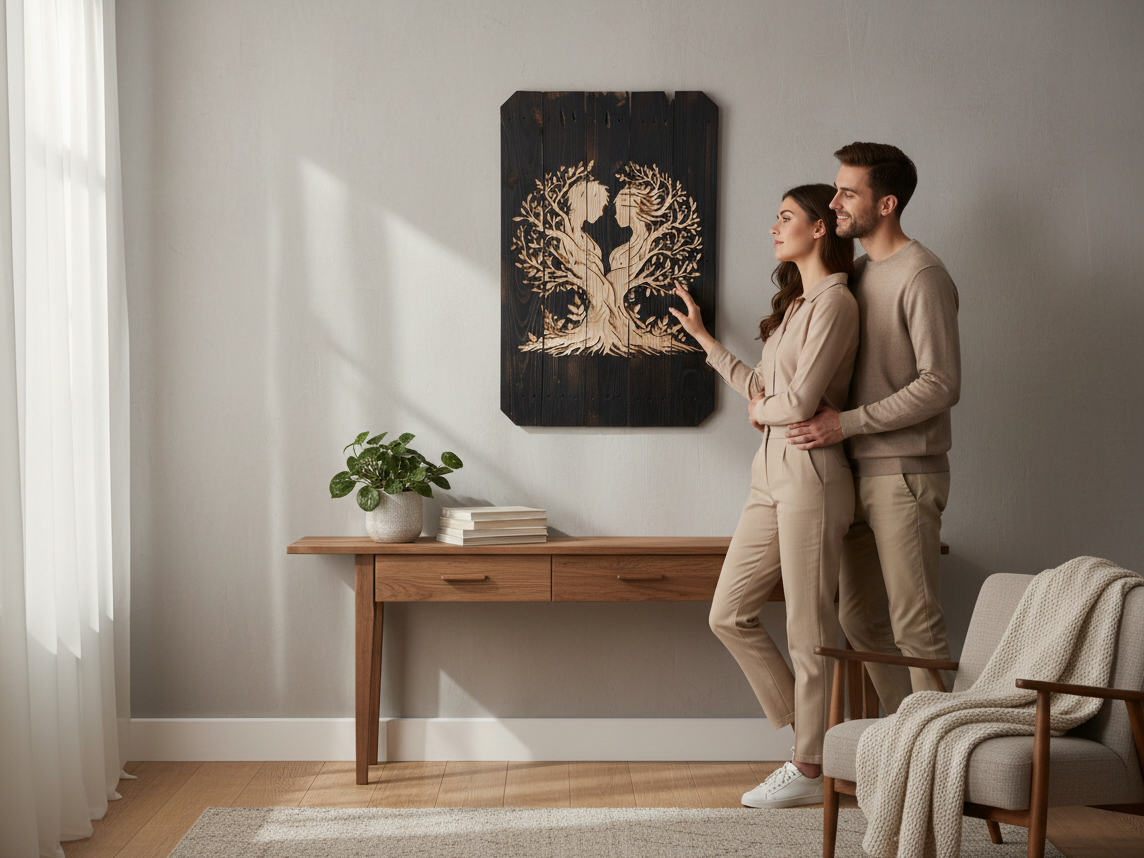 TK Wood Designs handcrafted Tree of Life wall art featuring a couple silhouette in a modern living room setting