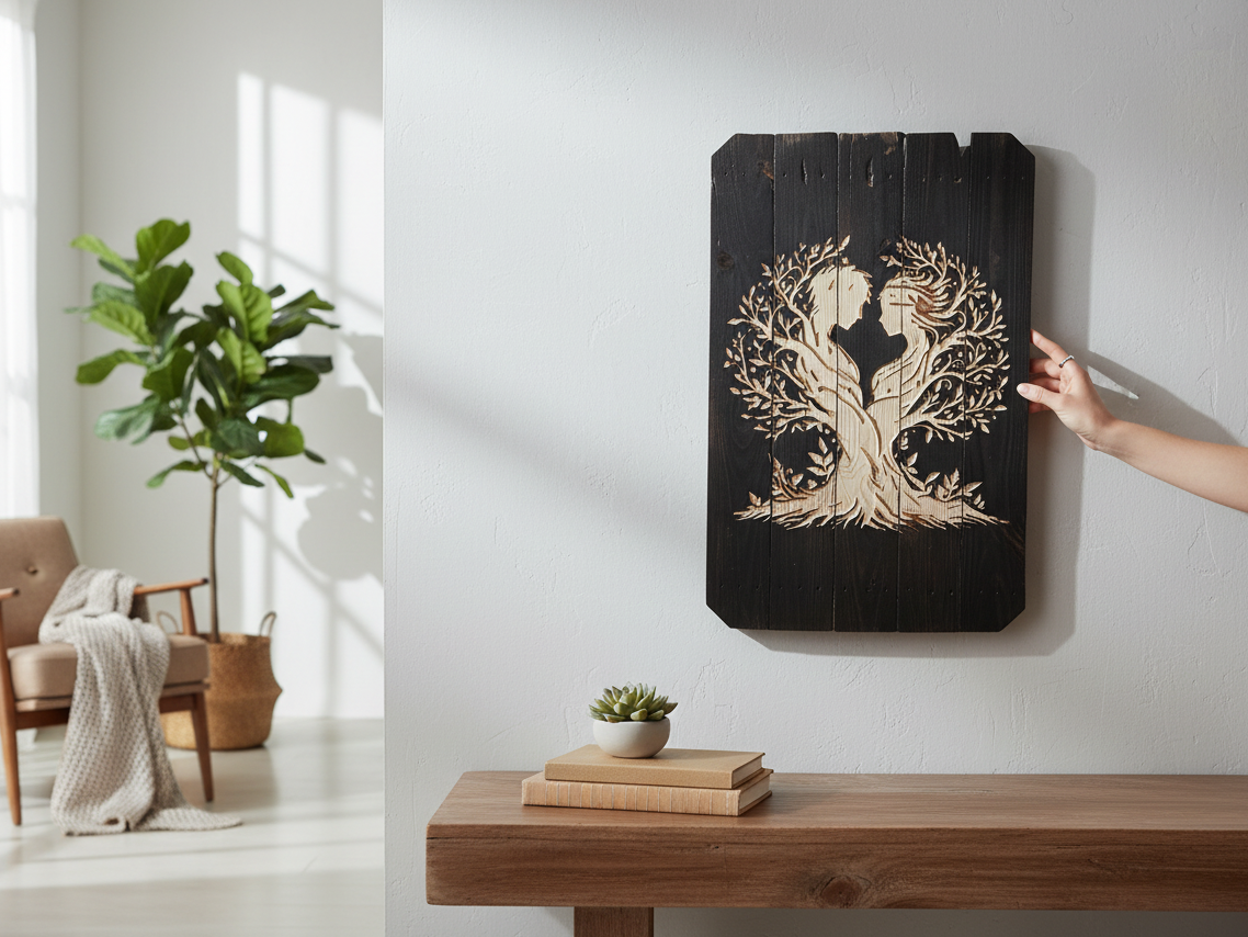 TK Wood Designs handcrafted reclaimed wood wall art featuring a black tree of life silhouette with a couple in love.