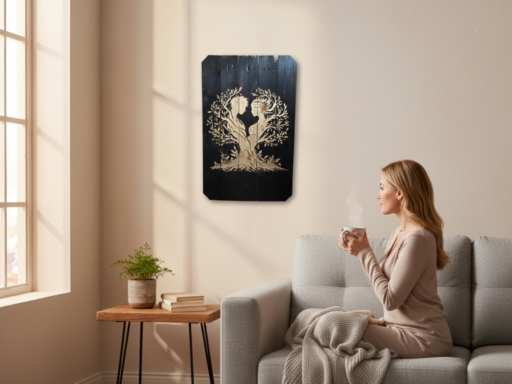 TK Wood Designs handcrafted black wooden wall art featuring a tree of life couple silhouette in a cozy living room.