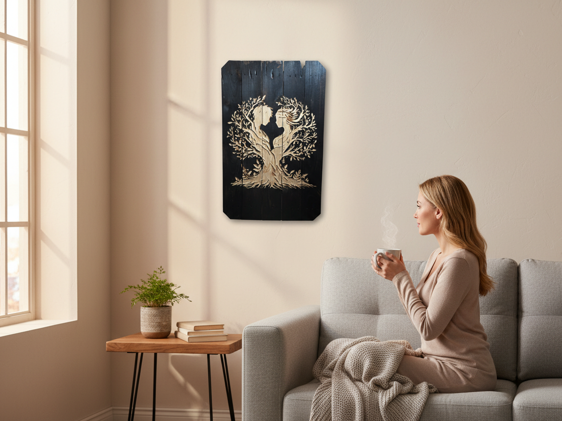 TK Wood Designs handcrafted black wooden wall art featuring a tree of life couple silhouette in a cozy living room.