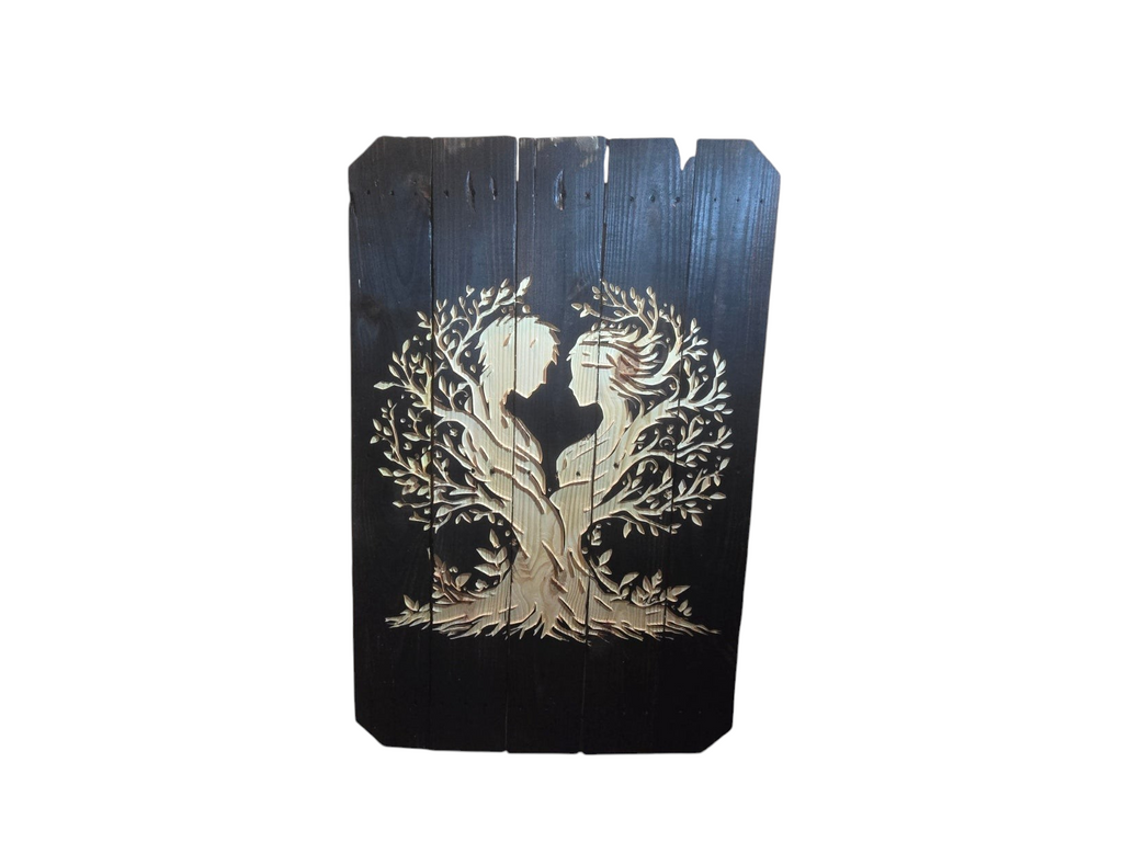 TK Wood Designs handcrafted reclaimed wood wall art featuring a black tree of life silhouette with a couple in love.
