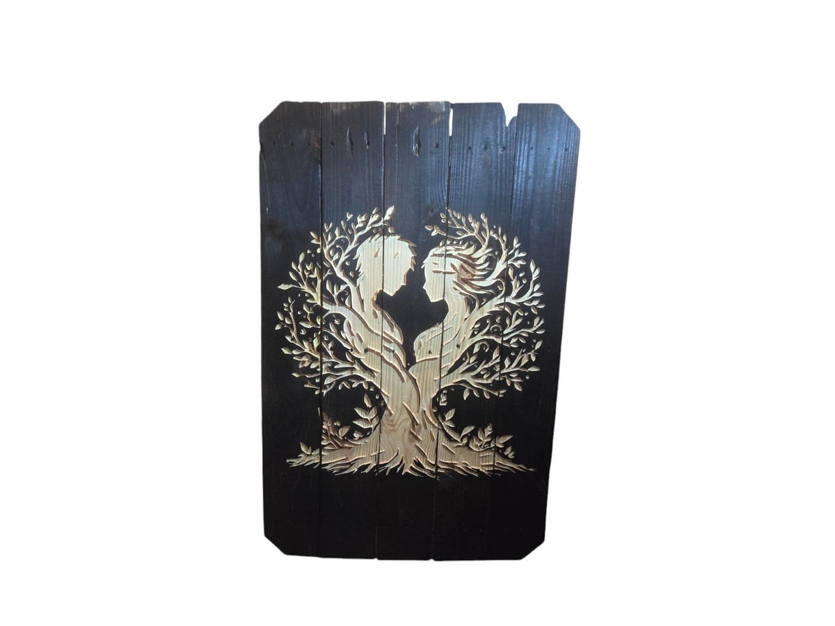 TK Wood Designs handcrafted reclaimed wood wall art featuring a black tree of life silhouette with a couple in love.
