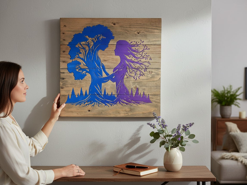 Woman hanging TK Wood Designs handcrafted wooden wall art featuring a blue and purple tree spirit silhouette design.