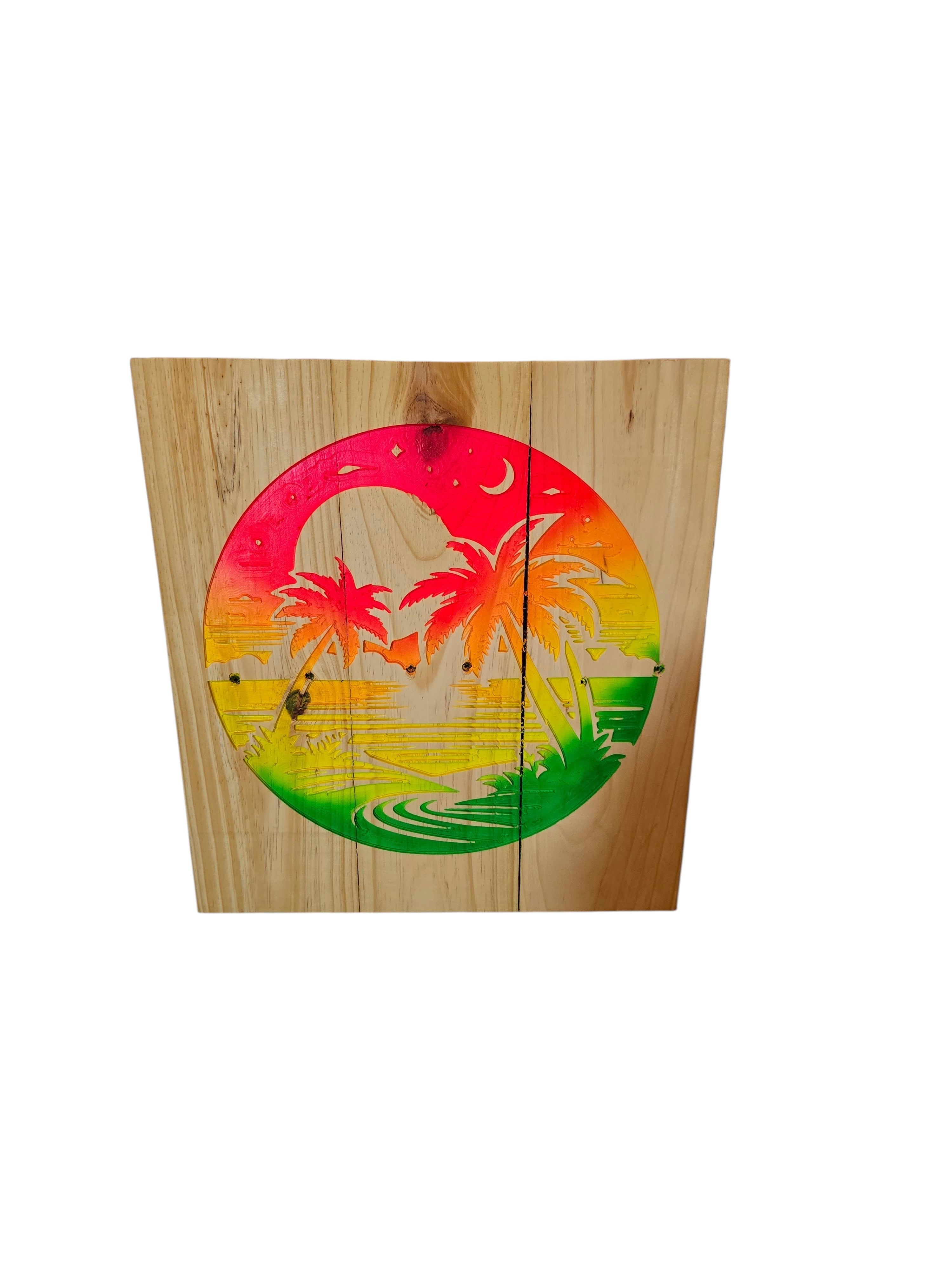 TK Wood Designs circular wooden wall art featuring a vibrant tropical sunset with silhouetted palm trees and a crescent moon.