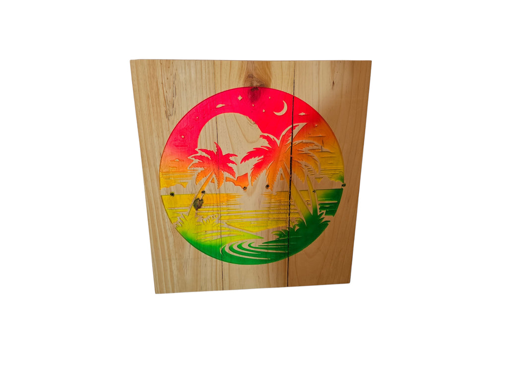 TK Wood Designs circular wooden wall art featuring a vibrant tropical sunset with palm trees, ocean waves, and a moon.