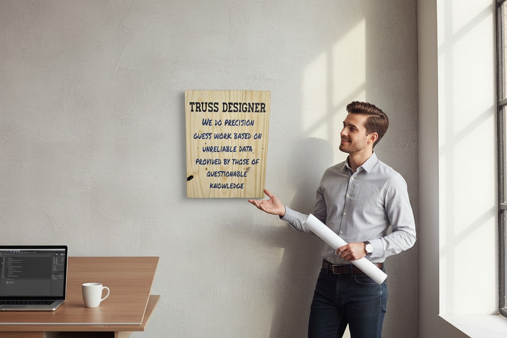 TK Wood Designs wooden sign with black text "TRUSS DESIGNER" and blue text "WE DO PRECISION GUESS WORK BASED ON UNRELIABLE DATA PROVIDED BY THOSE OF QUESTIONABLE KNOWLEDGE".