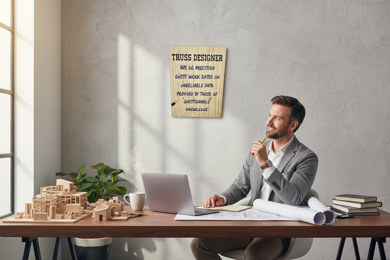 TK Wood Designs wooden sign with black text "TRUSS DESIGNER" and blue text "WE DO PRECISION GUESS WORK BASED ON UNRELIABLE DATA PROVIDED BY THOSE OF QUESTIONABLE KNOWLEDGE".