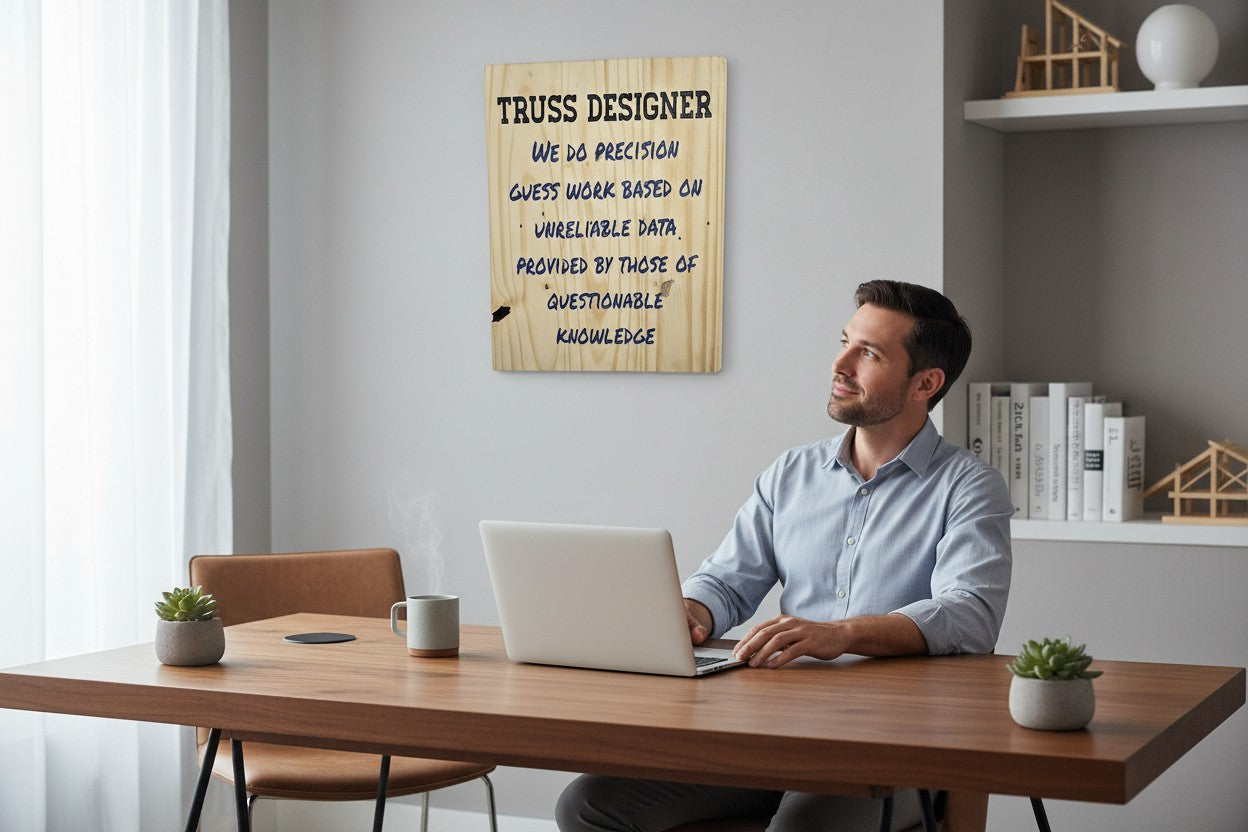 TK Wood Designs wooden sign with black text "TRUSS DESIGNER" and blue text "WE DO PRECISION GUESS WORK BASED ON UNRELIABLE DATA PROVIDED BY THOSE OF QUESTIONABLE KNOWLEDGE".