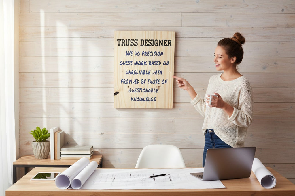 TK Wood Designs wooden sign with black text "TRUSS DESIGNER" and blue text "WE DO PRECISION GUESS WORK BASED ON UNRELIABLE DATA PROVIDED BY THOSE OF QUESTIONABLE KNOWLEDGE".