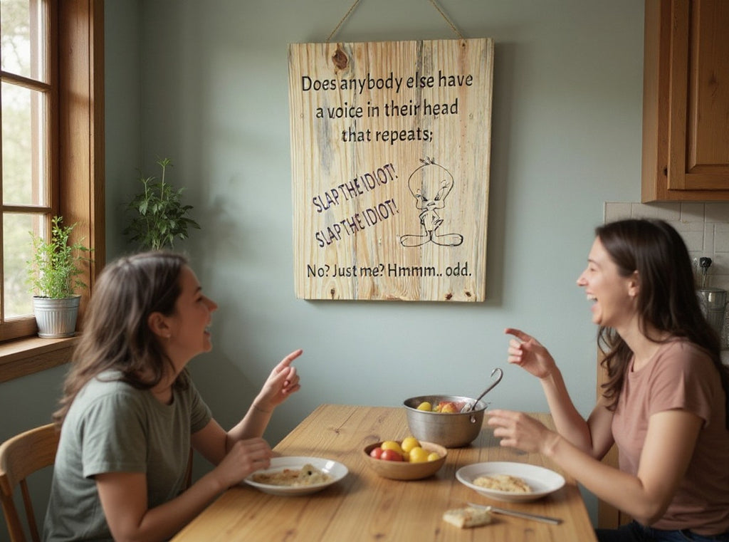 TK Wood Designs handcrafted wooden wall sign with Tweety Bird and humorous text hanging in a cozy kitchen setting.