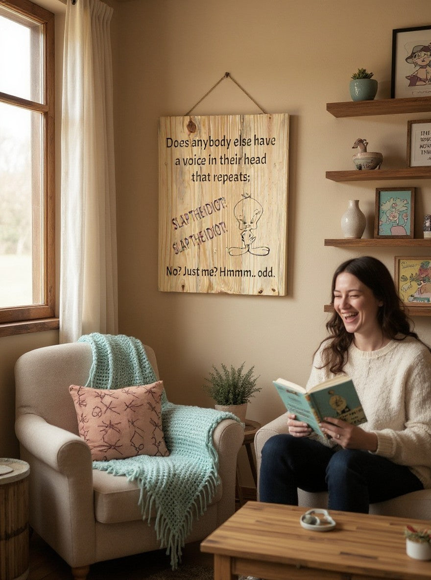 TK Wood Designs handcrafted wooden wall sign featuring Tweety Bird and humorous text hanging in a cozy living room.