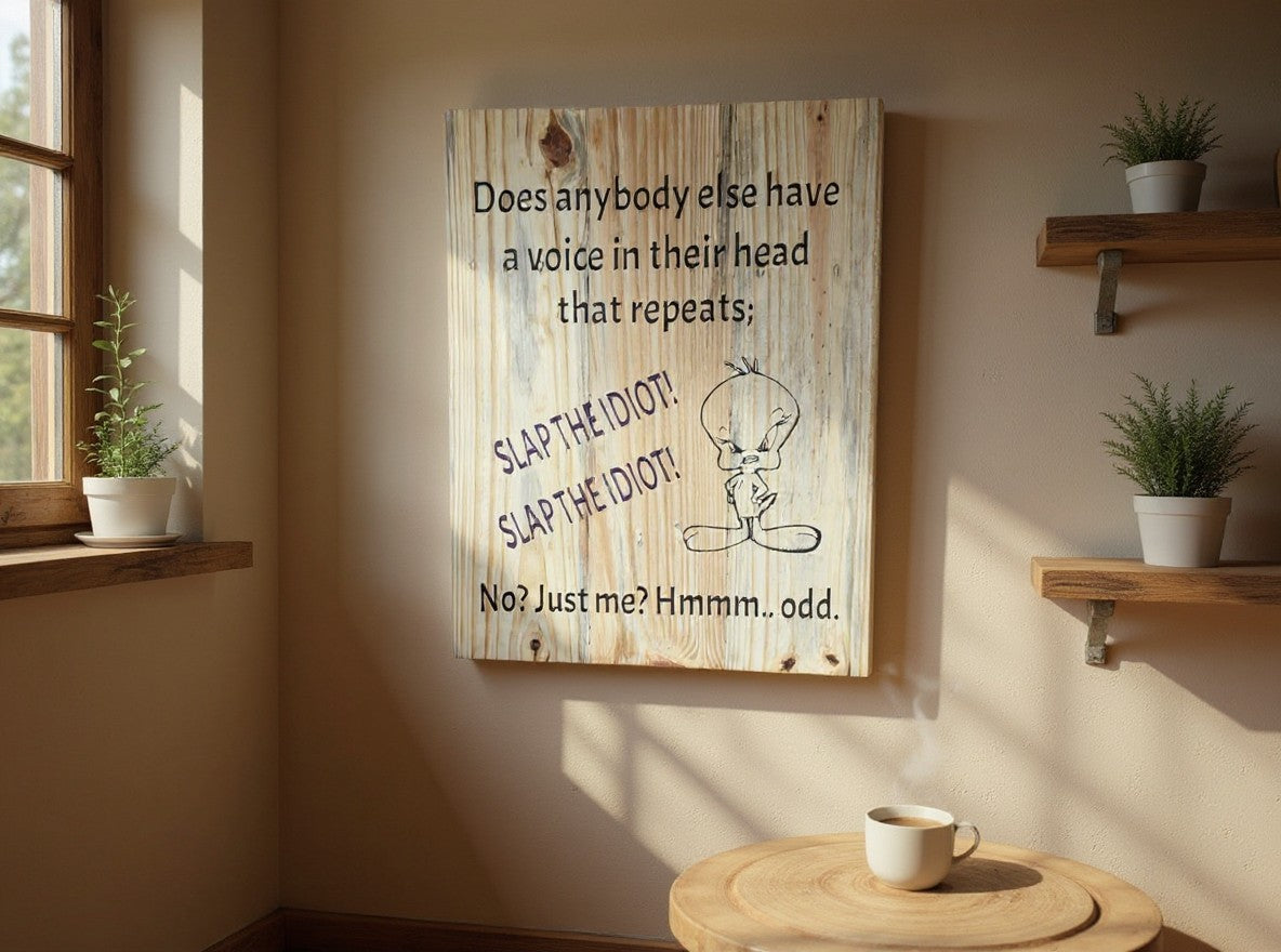 TK Wood Designs handcrafted wooden wall sign featuring Tweety Bird and a humorous quote on a natural wood grain board.
